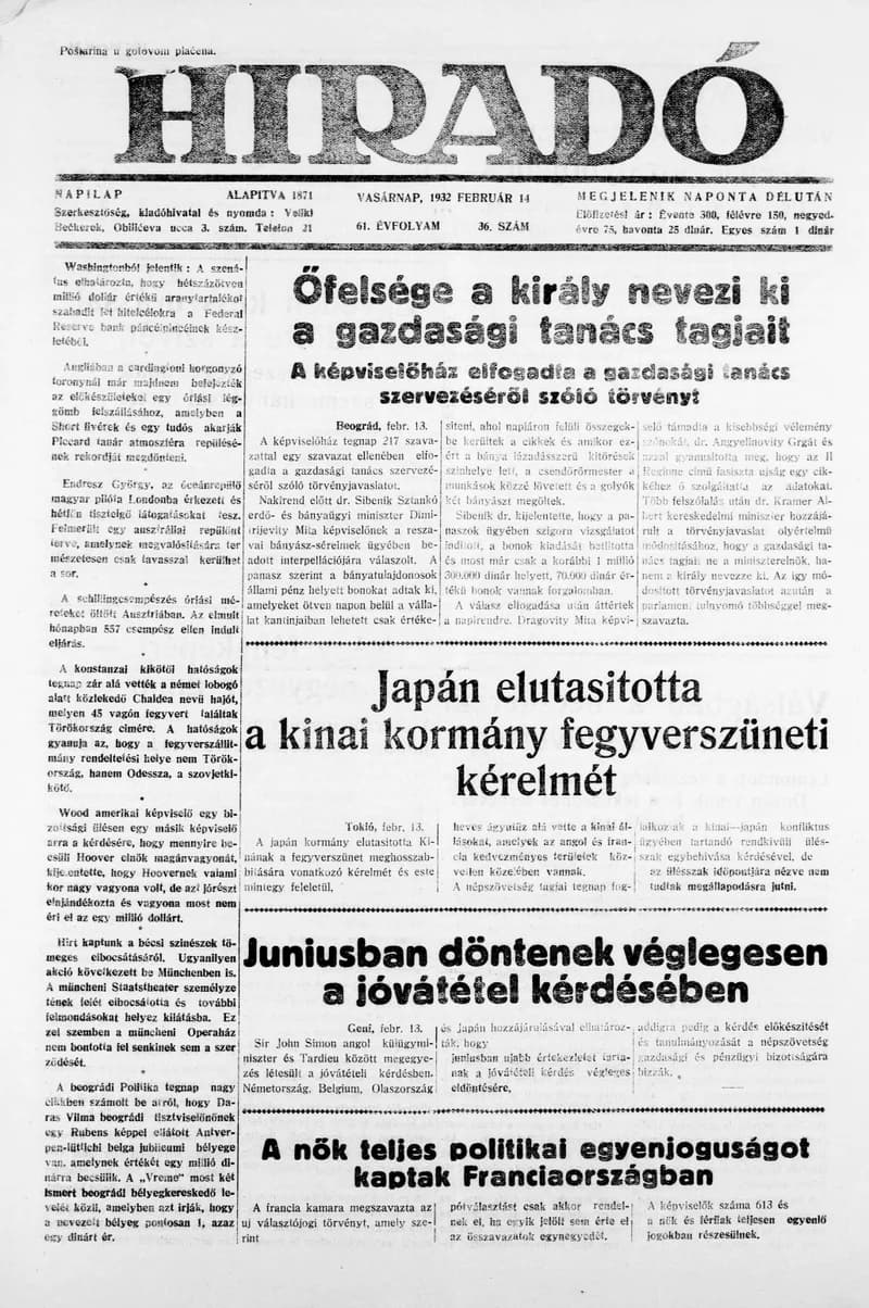 Híradó, 61. évf. 1932. február 14. 36. sz.