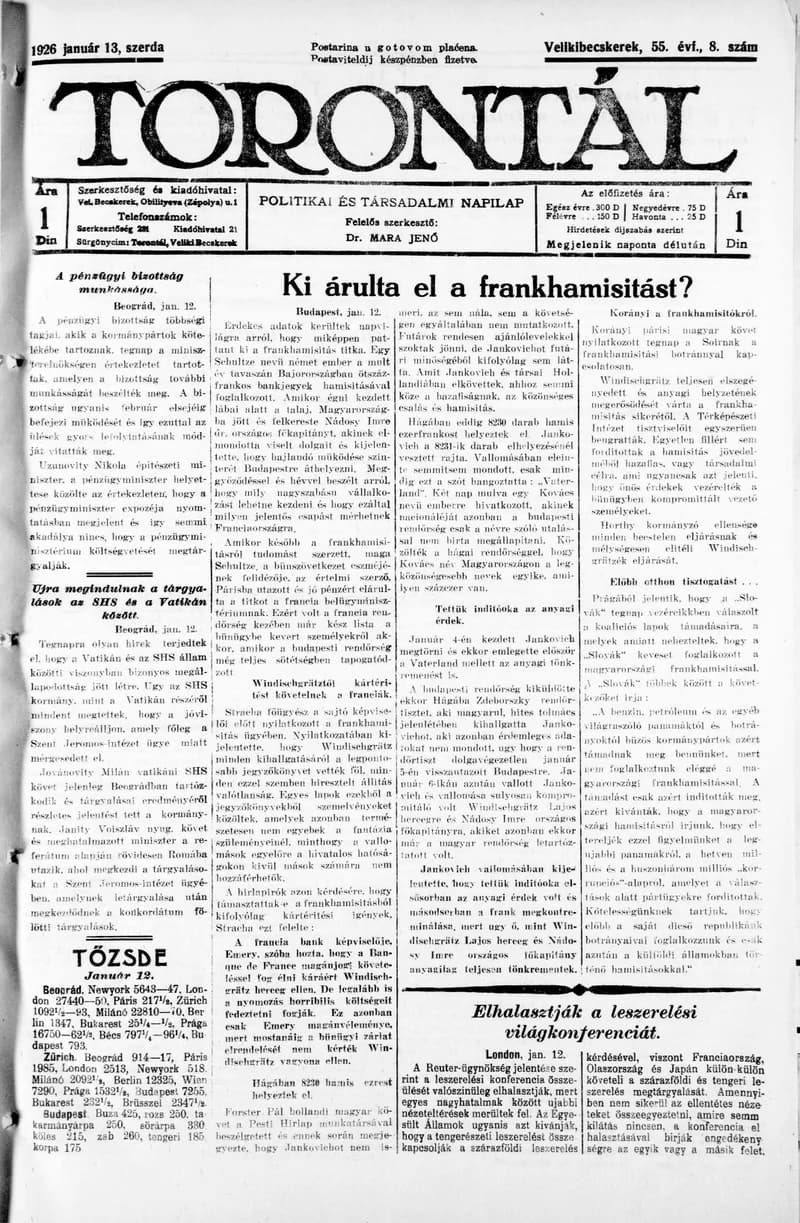 Torontál, 55. évf. 1926. január 13. 8. sz.