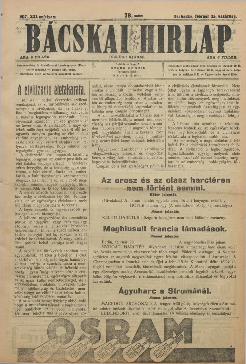Bácskai Hirlap, 21. évf. 1917. február 25. 78. sz.