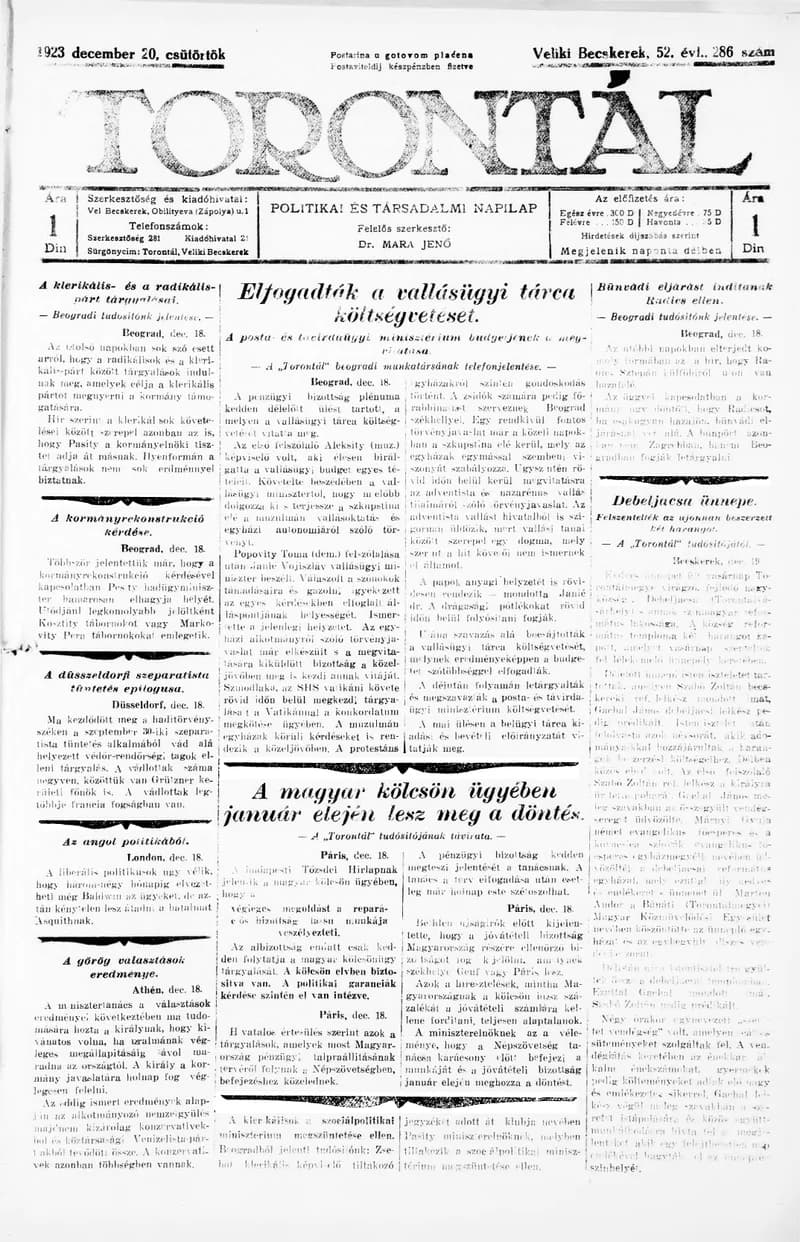 Torontál, 52. évf. 1923. december 20. 286. sz.