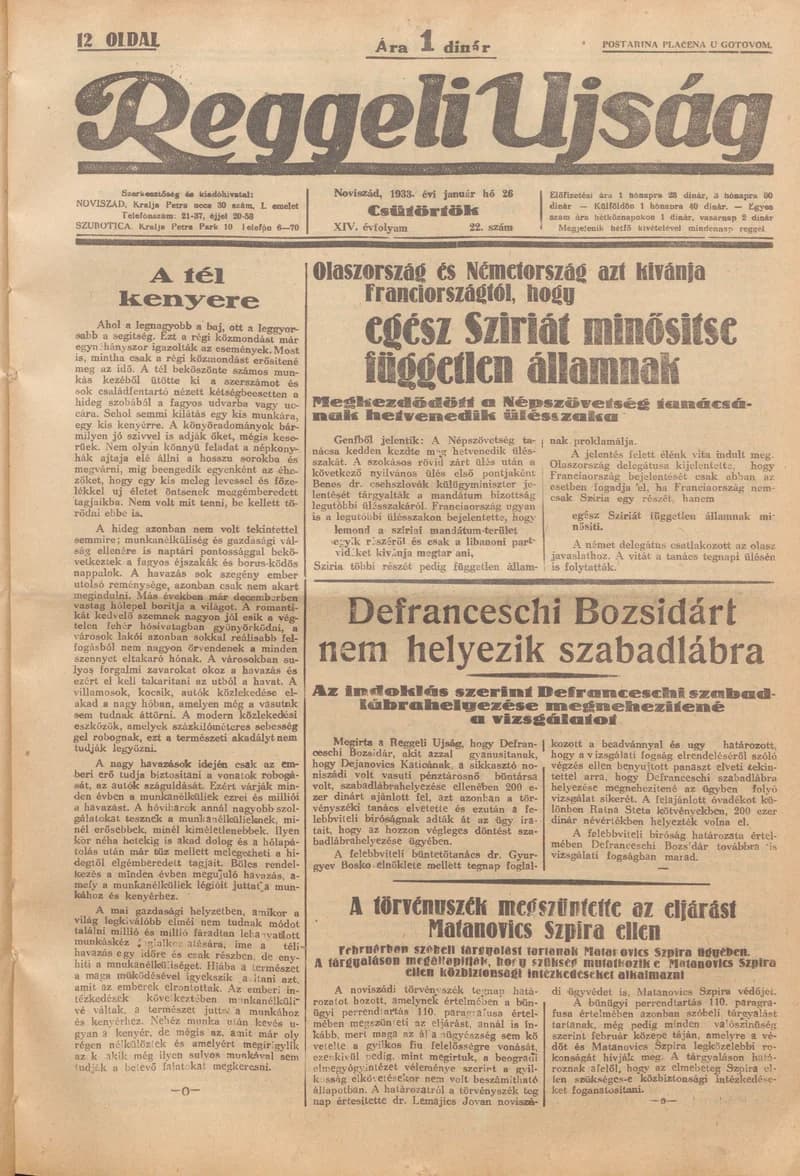 Reggeli Újság, 14. évf. 1933. január 26. 22. sz.