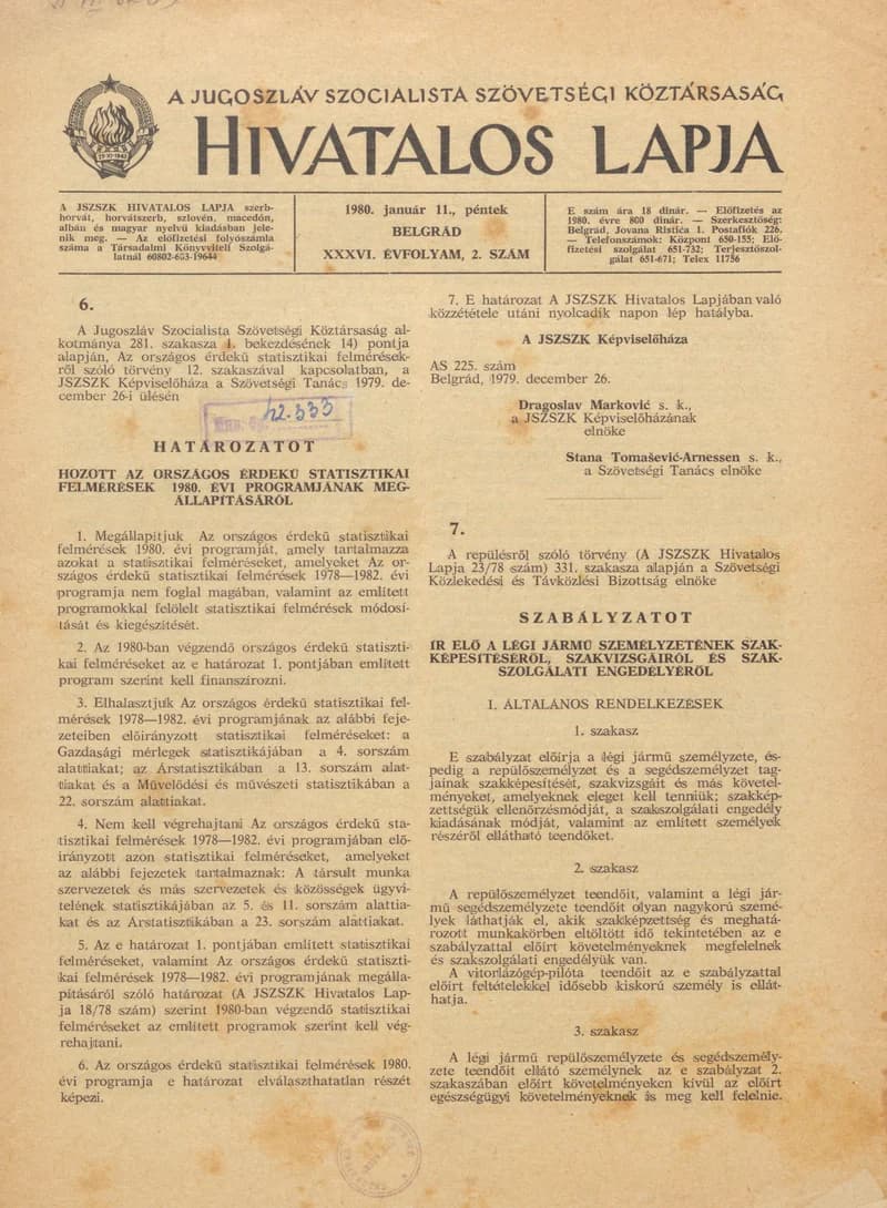 A Jugoszláv Szocialista Szövetségi Köztársaság Hivatalos Lapja, 36. évf. 1980. január 11. 2. sz. 21–68. oldal