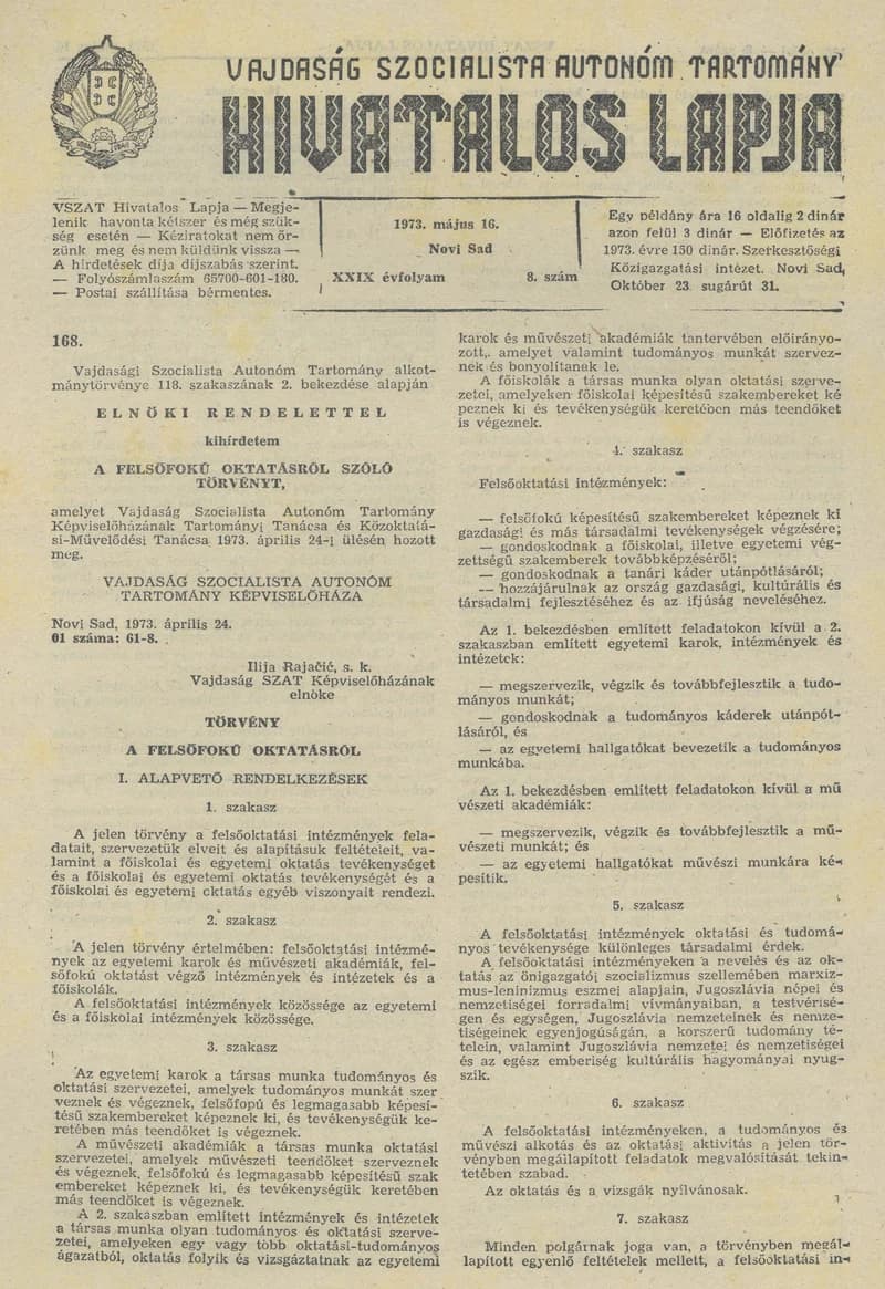 Vajdaság Szocialista Autonóm Tartomány Hivatalos Lapja, 29. évf. 1973. május 16. 8. sz. 185–200. oldal