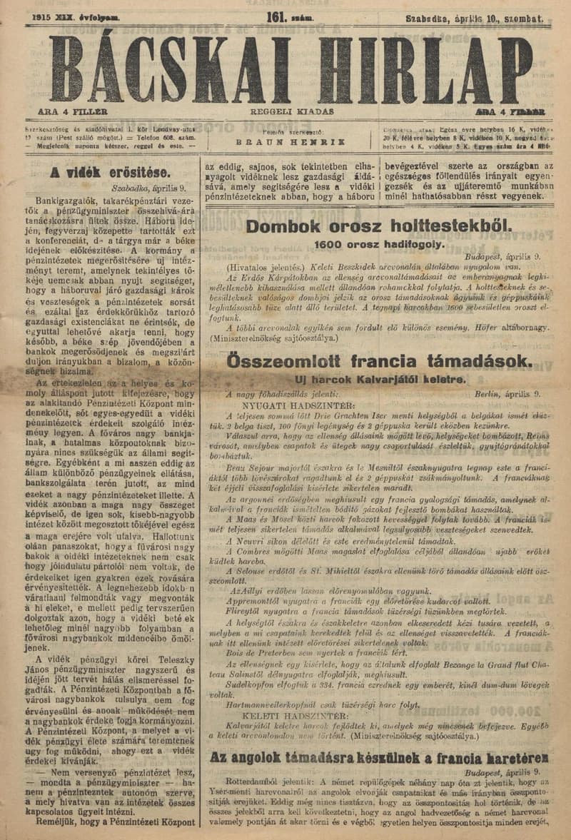 Bácskai Hirlap, 19. évf. 1915. április 10. 161. sz.