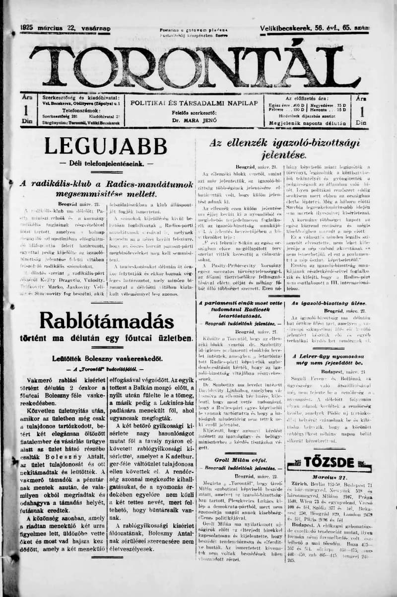 Torontál, 54. évf. 1925. március 22. 65. sz.