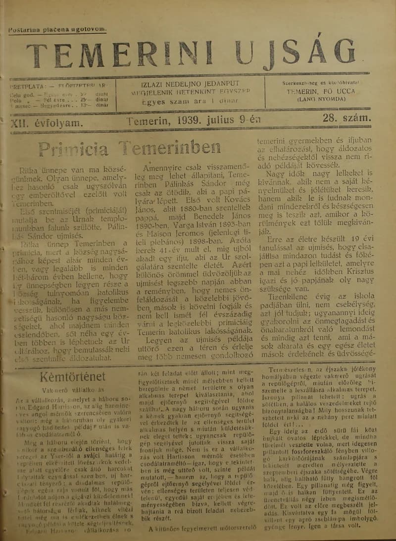 Temerini Újság 1928-1944, 12. évf. 1939. július 9. 28. sz.