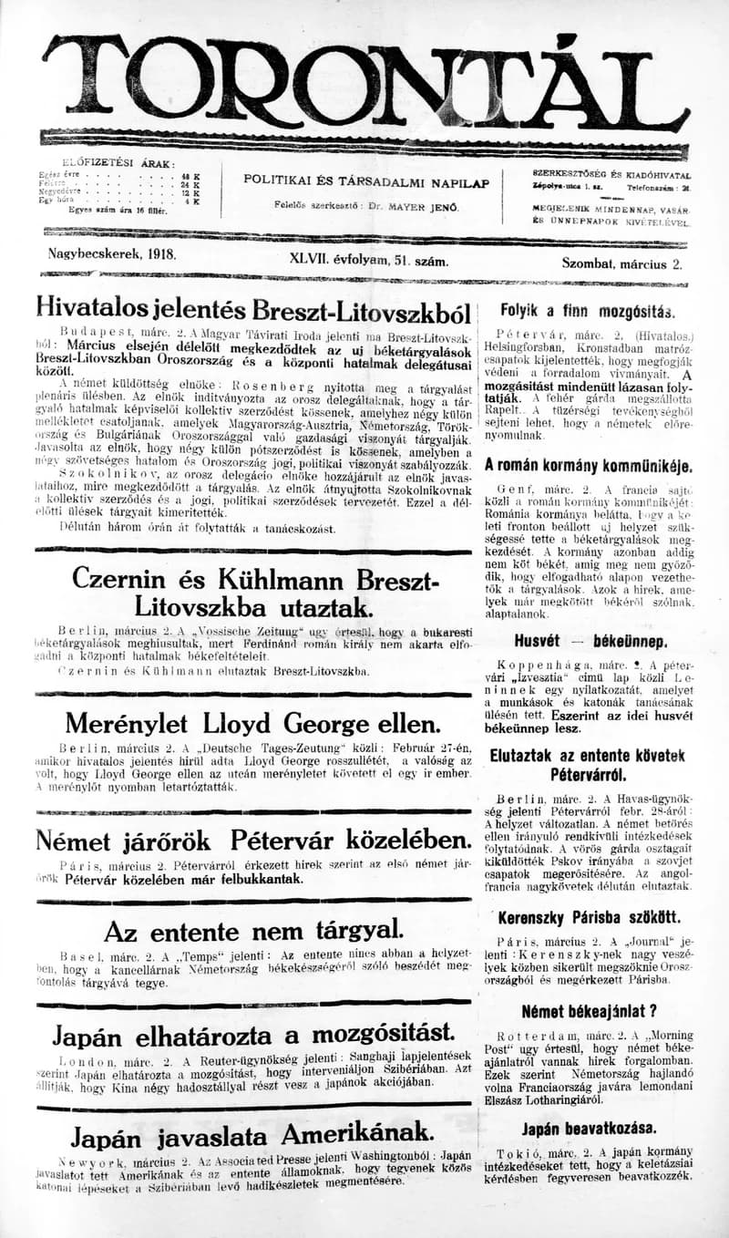 Torontál, 47. évf. 1918. március 2. 51. sz.
