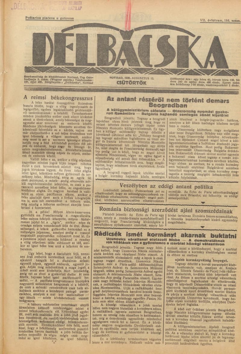 Délbácska, 7. évf. 1926. augusztus 12. 184. sz.