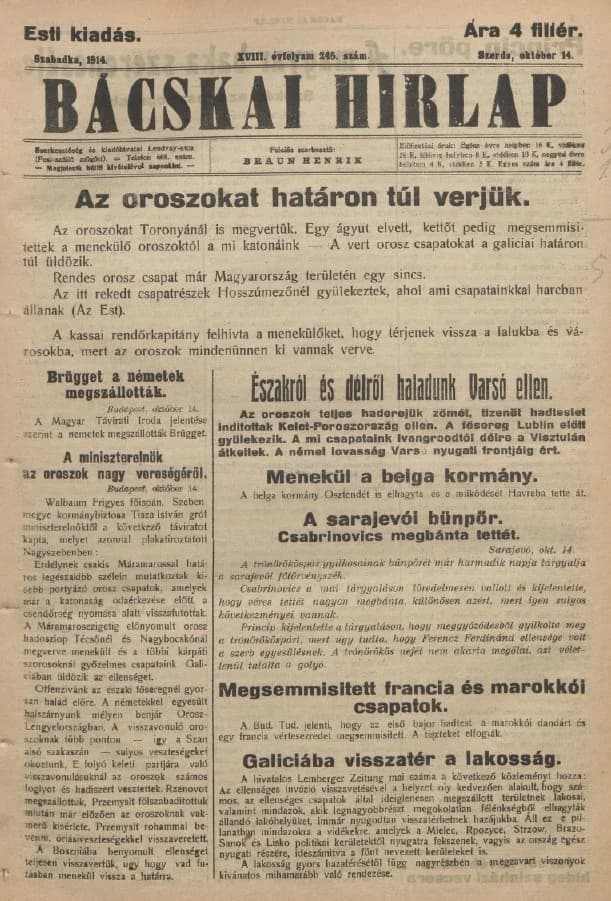 Bácskai Hirlap, 18. évf. 1914. október 14. 245. sz.
