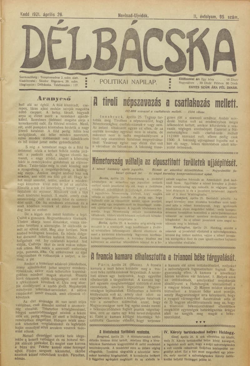 Délbácska, 2. évf. 1921. április 26. 95. sz.