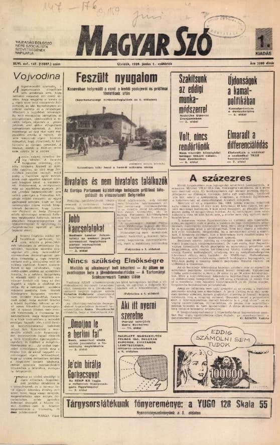 Magyar Szó, 46. évf. 1989. június 1. 147. sz. 1–16. oldal