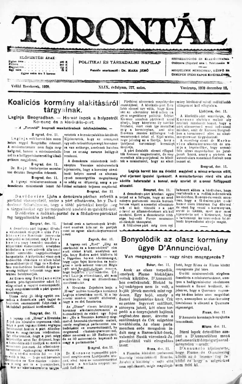 Torontál, 49. évf. 1920. december 12. 277. sz.