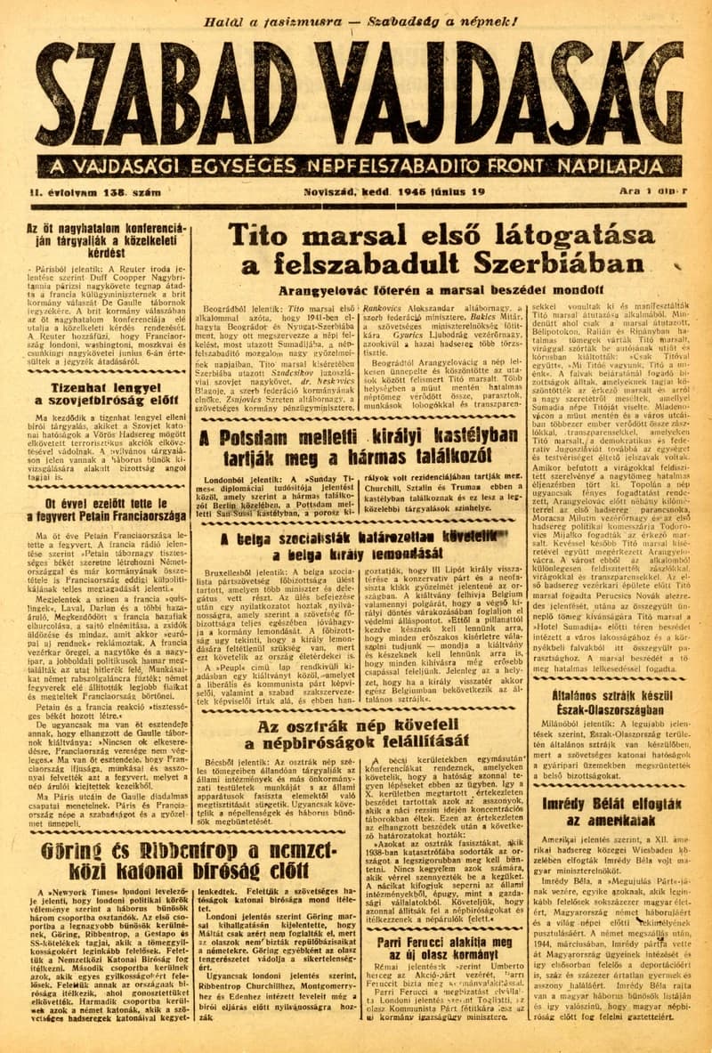 Szabad Vajdaság, 2. évf. 1945. június 19. 138. sz.