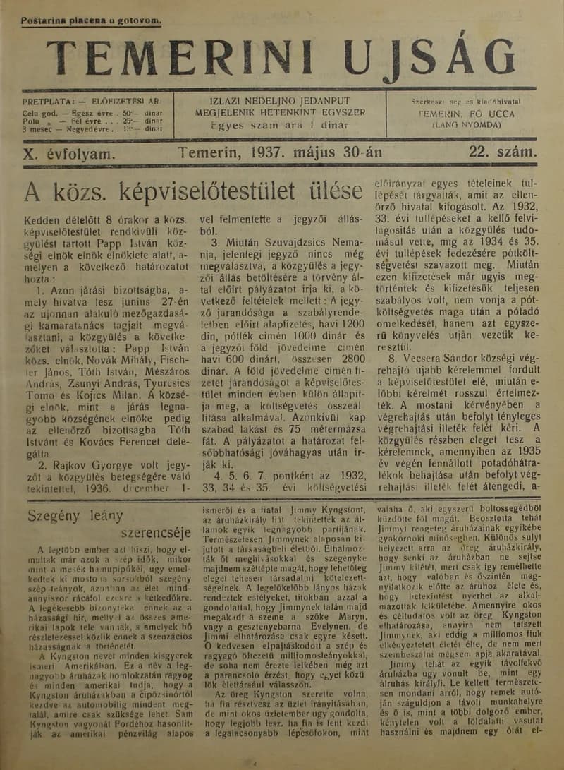 Temerini Újság 1928-1944, 10. évf. 1937. május 30. 22. sz.