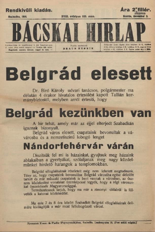 Bácskai Hirlap, 18. évf. 1914. december 2. 329. sz.
