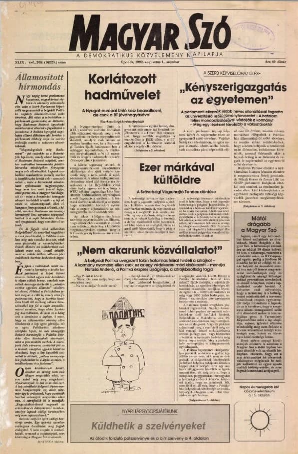 Magyar Szó, 49. évf. 1992. augusztus 1. 209. sz. 1–16. oldal