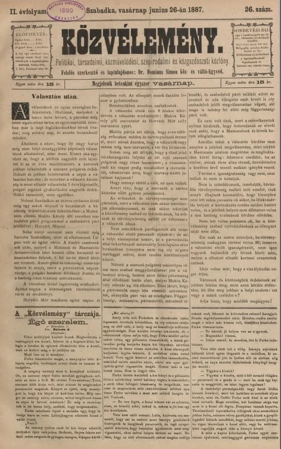 Közvélemény, 2. évf. 1887. június 26. 26. sz.