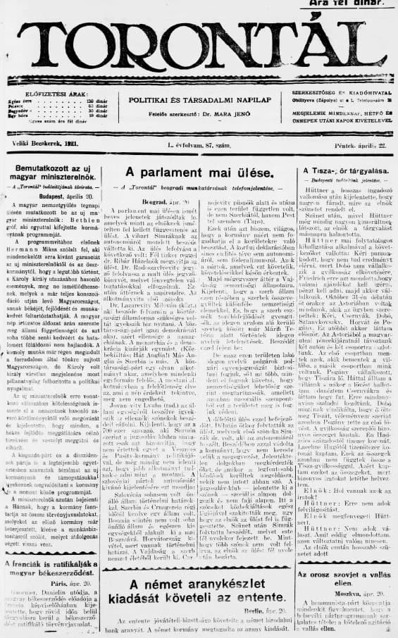 Torontál, 50. évf. 1921. április 22. 87. sz.