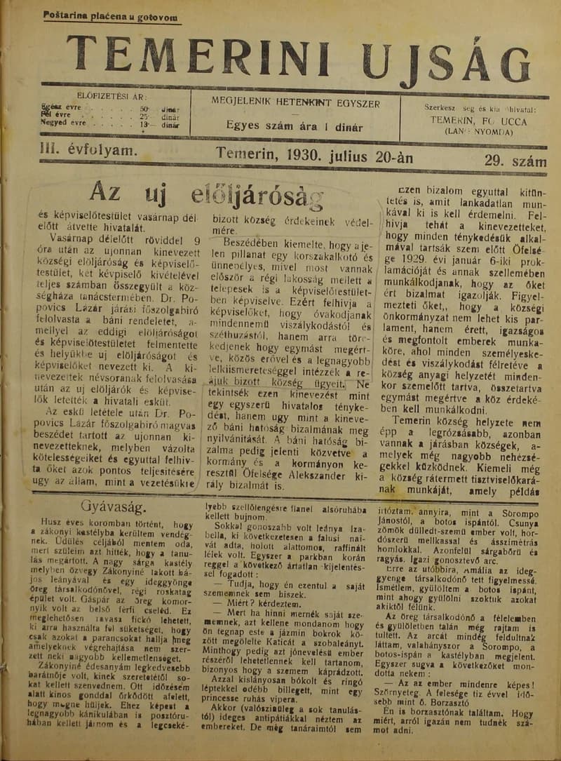 Temerini Újság 1928-1944, 3. évf. 1930. július 20. 29. sz.