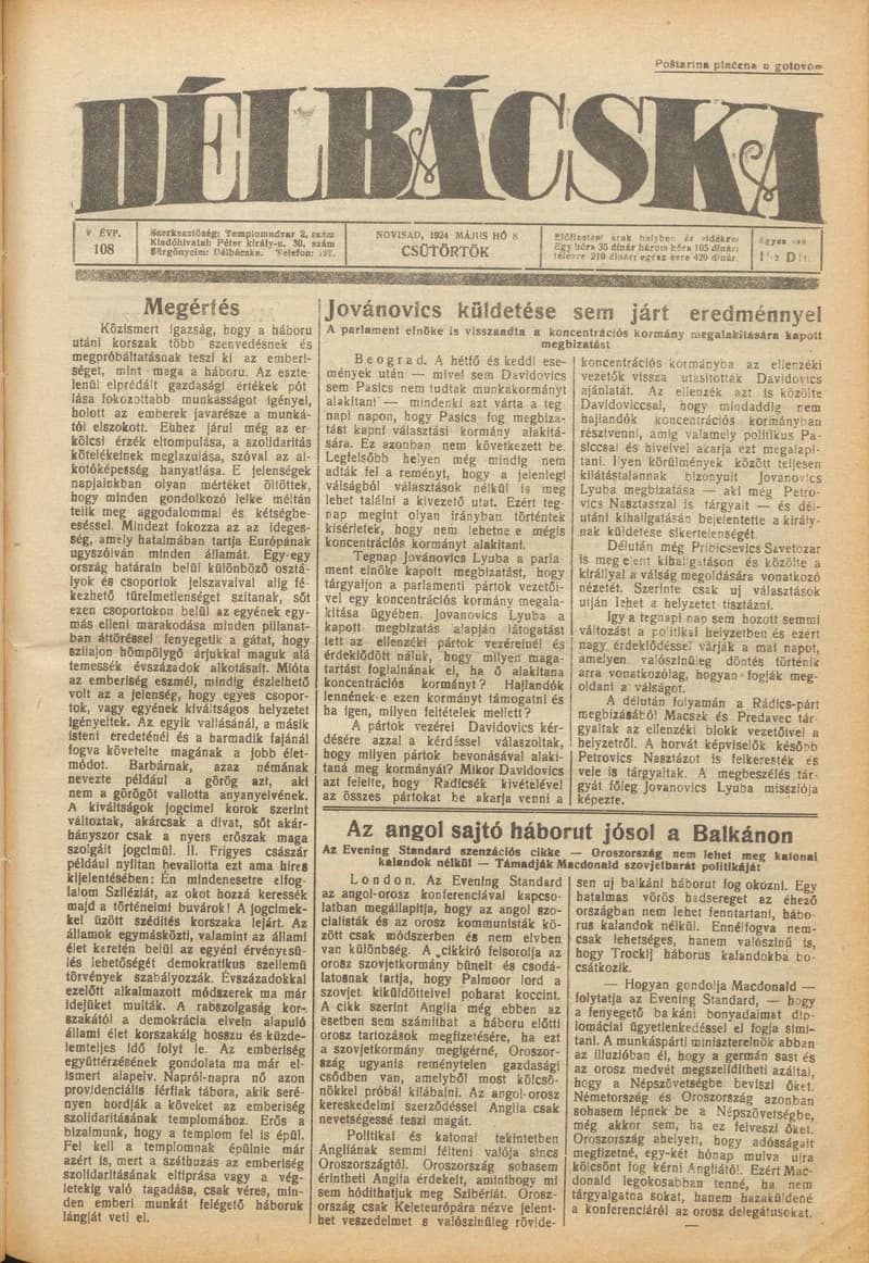 Délbácska, 5. évf. 1924. május 8. 108. sz.