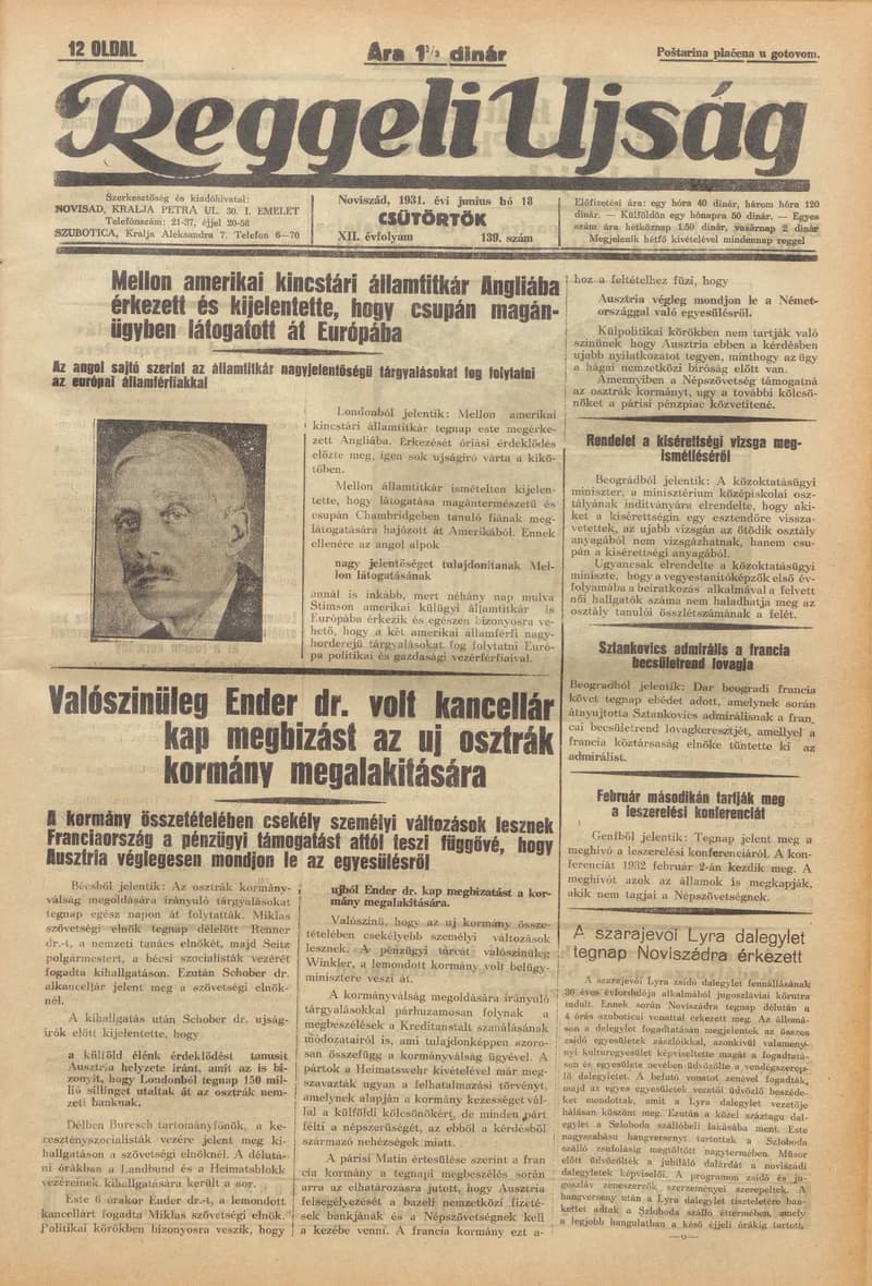 Reggeli Újság, 12. évf. 1931. június 18. 139. sz.