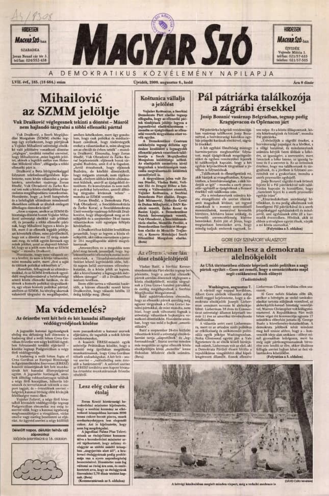 Magyar Szó, 57. évf. 2000. augusztus 8. 185. sz. 1–16. oldal