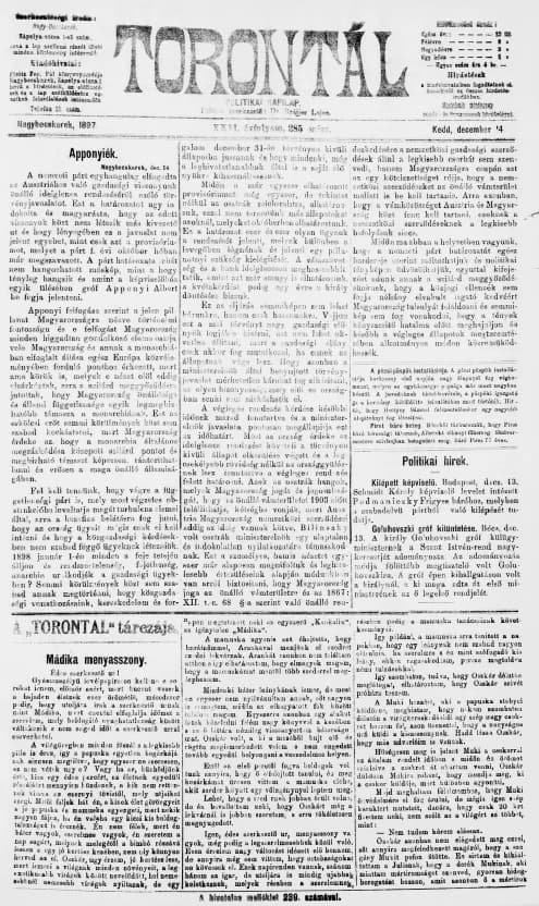 Torontál, 26. évf. 1897. december 14. 285. sz.