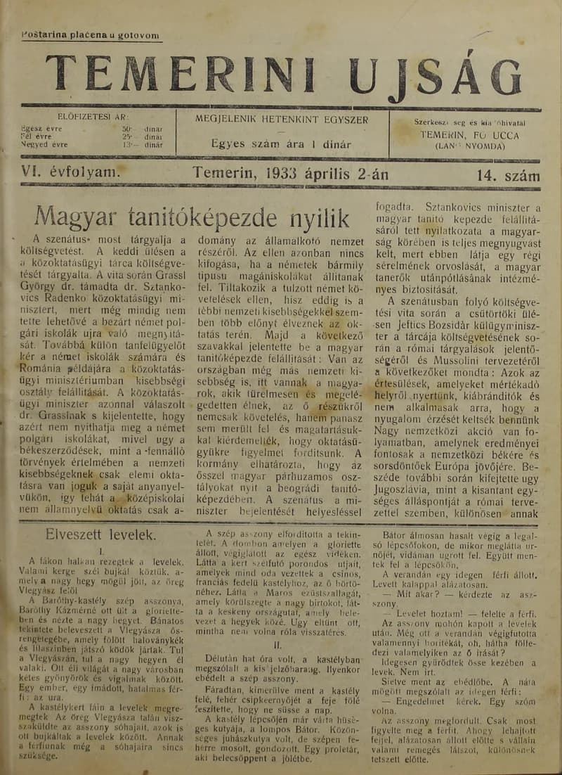 Temerini Újság 1928-1944, 6. évf. 1933. április 2. 14. sz.