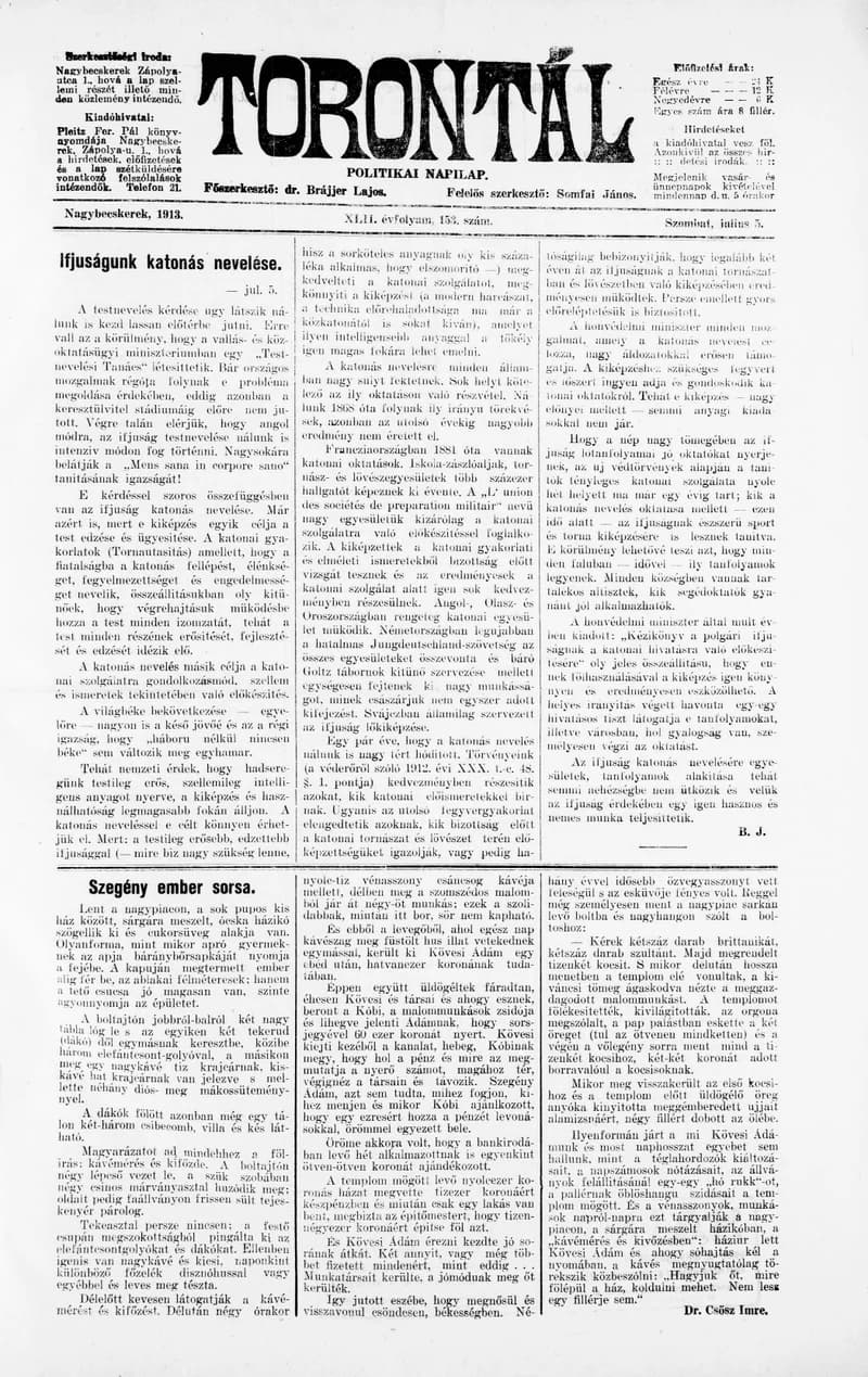 Torontál, 42. évf. 1913. július 5. 153. sz.