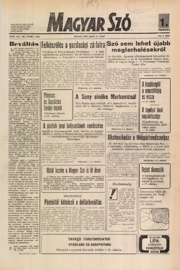 Magyar Szó, 47. évf. 1990. április 17. 105. sz. 1–20. oldal