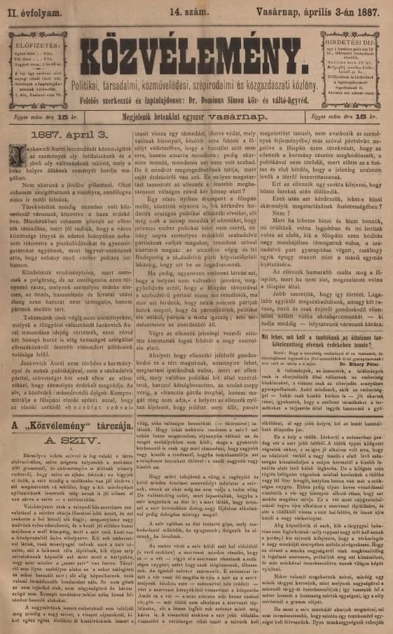 Közvélemény, 2. évf. 1887. április 3. 14. sz.