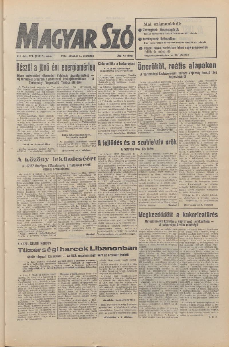 Magyar Szó, 41. évf. 1984. október 4. 274. sz. 1–20. oldal