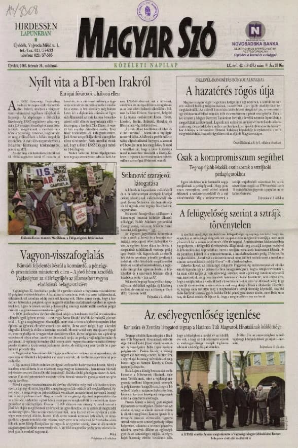 Magyar Szó, 60. évf. 2003. február 20. 42. sz. 1–16. oldal