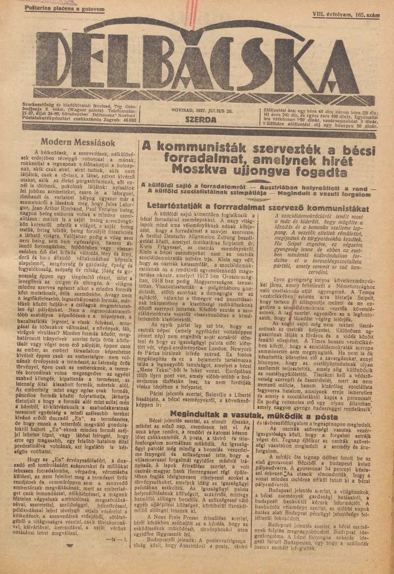 Délbácska, 8. évf. 1927. július 20. 165. sz.