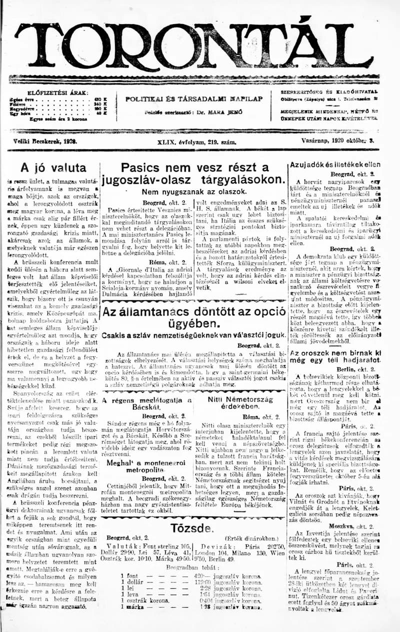Torontál, 49. évf. 1920. október 3. 219. sz.