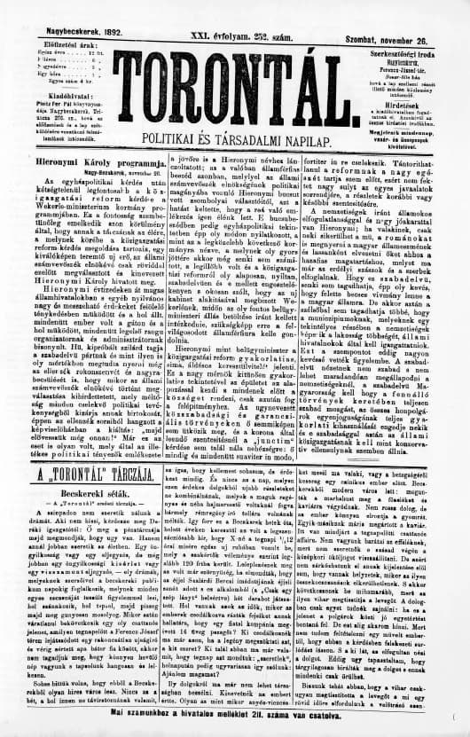 Torontál, 21. évf. 1892. november 26. 252. sz.