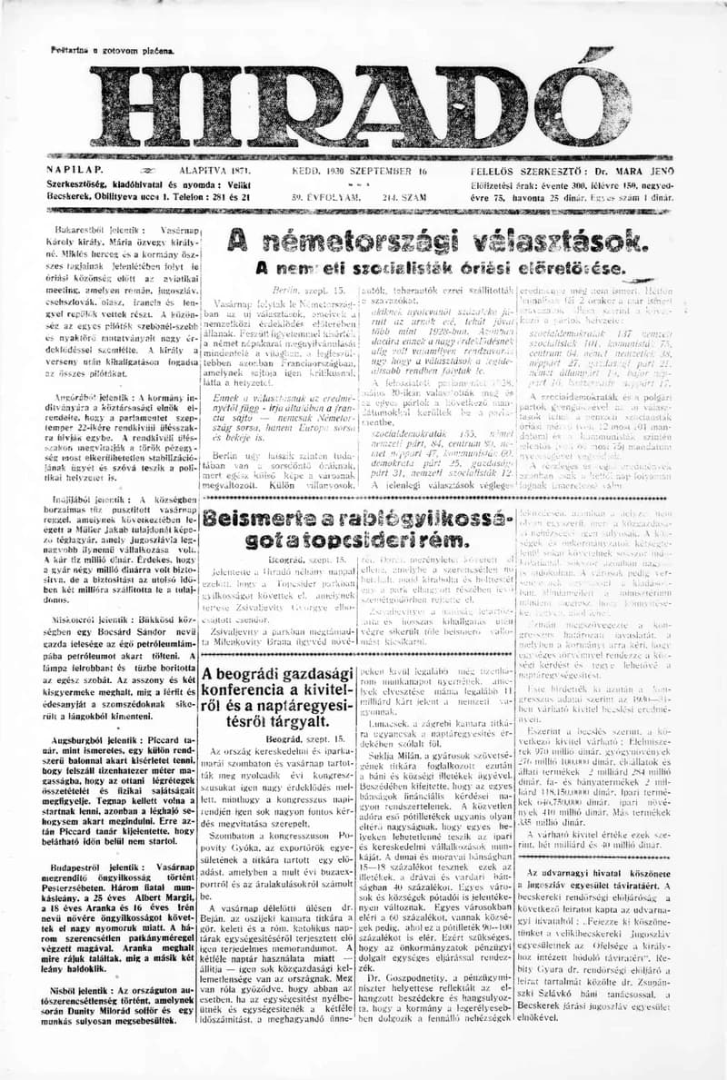 Híradó, 59. évf. 1930. szeptember 16. 214. sz.
