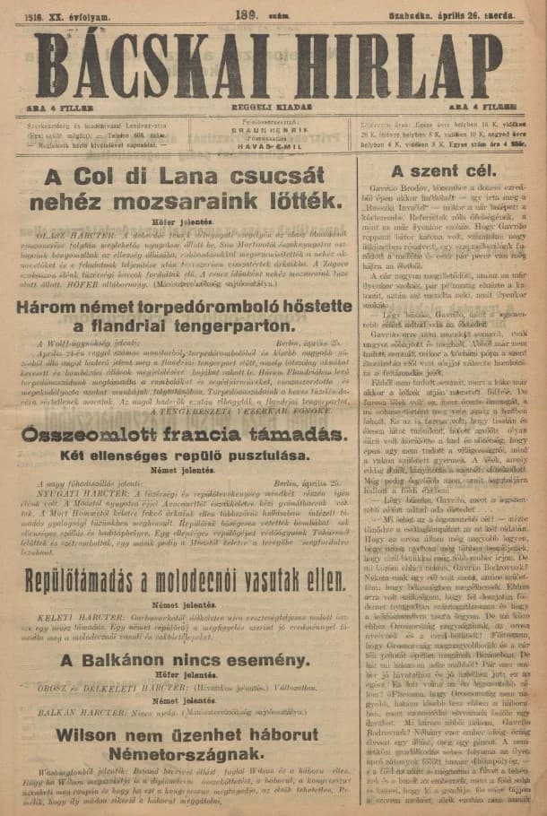 Bácskai Hirlap, 20. évf. 1916. április 26. 189. sz.