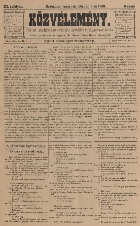 Közvélemény, 3. évf. 1888. február 5. 6. sz.