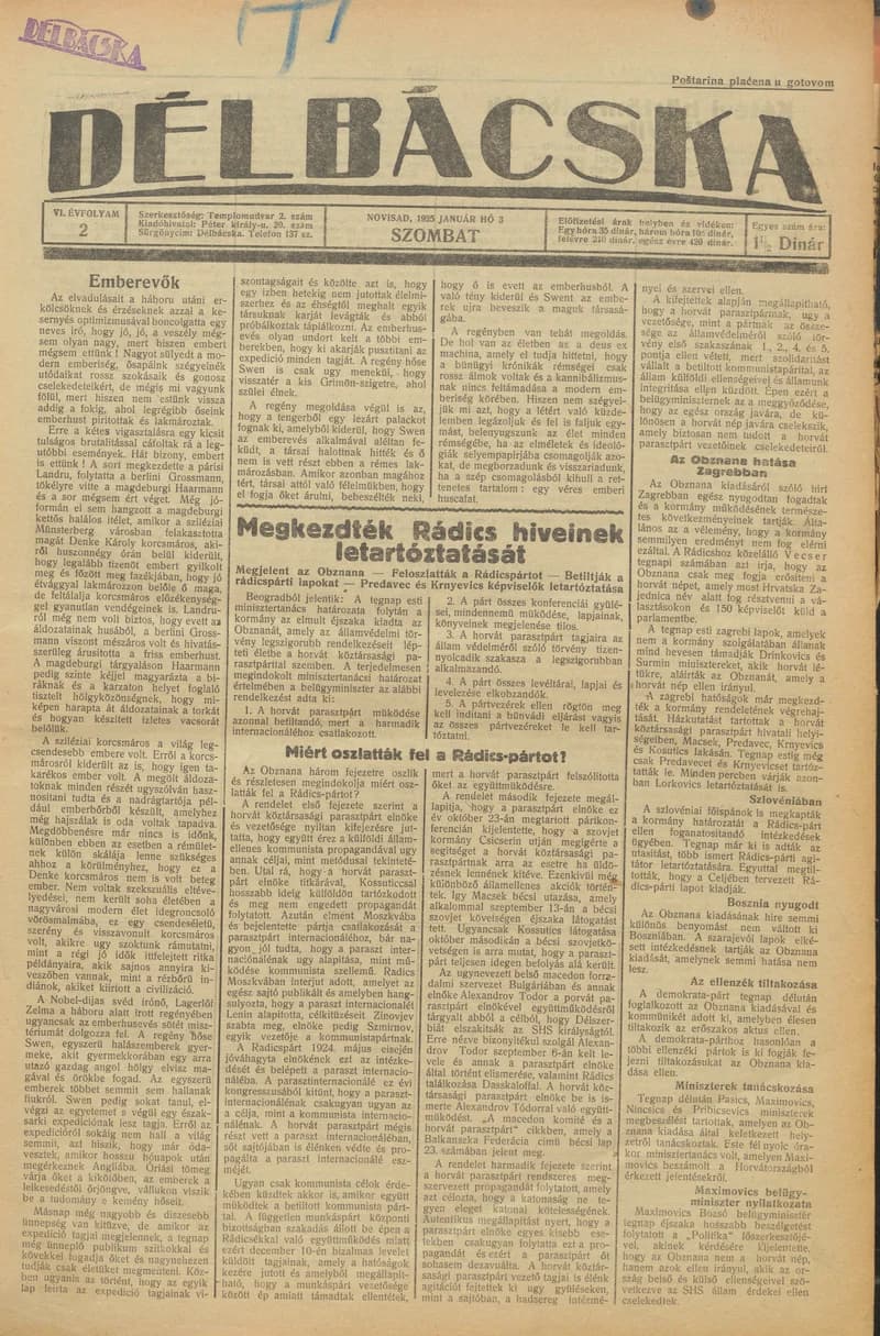 Délbácska, 6. évf. 1925. január 3. 2. sz.
