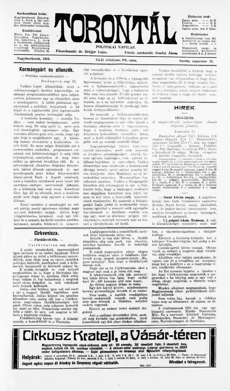 Torontál, 42. évf. 1913. augusztus 13. 186. sz.
