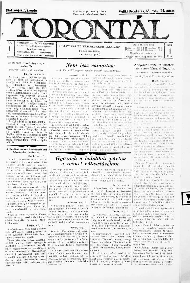 Torontál, 53. évf. 1924. május 7. 104. sz.