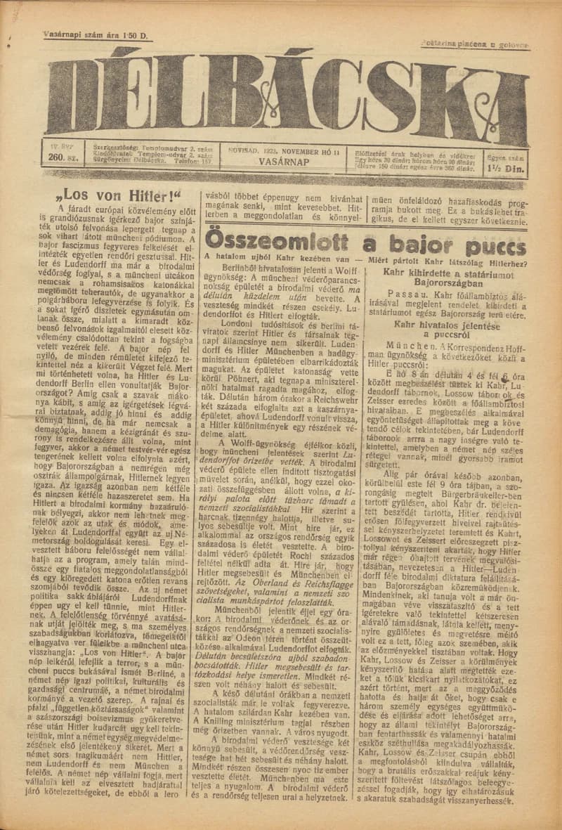 Délbácska, 4. évf. 1923. november 11. 260. sz.