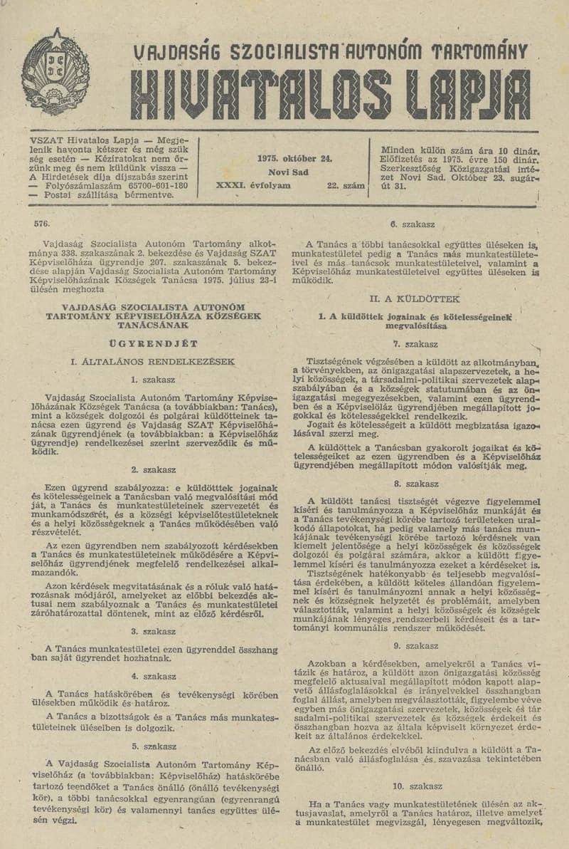 Vajdaság Szocialista Autonóm Tartomány Hivatalos Lapja, 31. évf. 1975. október 24. 22. sz. 929–952. oldal