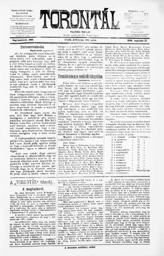 Torontál, 29. évf. 1900. augusztus 27. 195. sz.