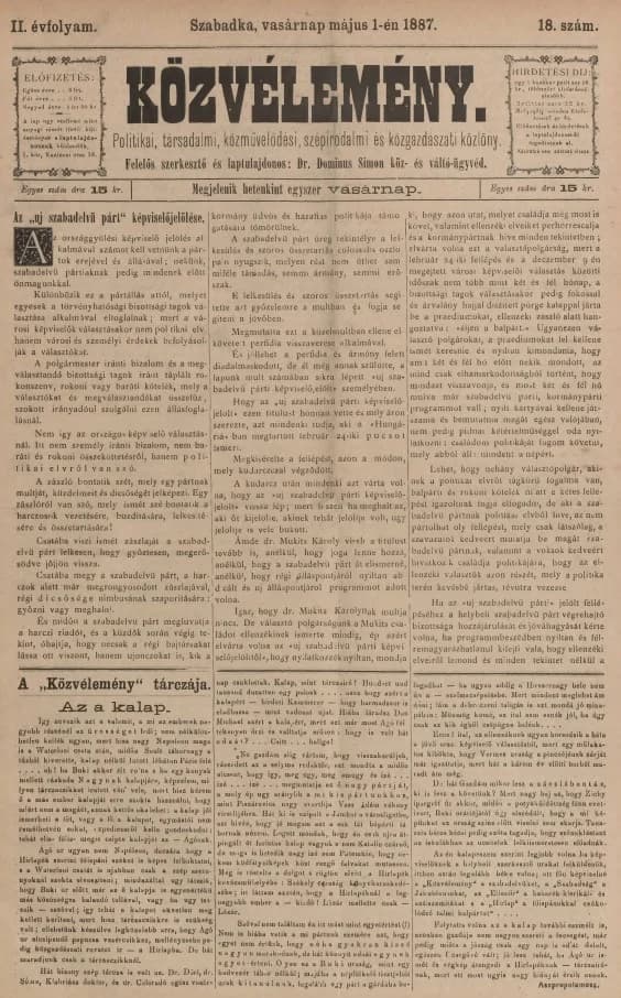 Közvélemény, 2. évf. 1887. május 1. 18. sz.