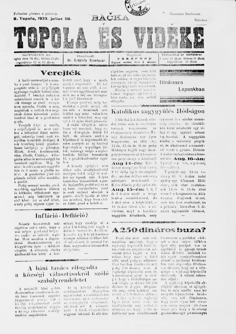 Bačka Topola és Vidéke 1933. július 30. 31. sz.