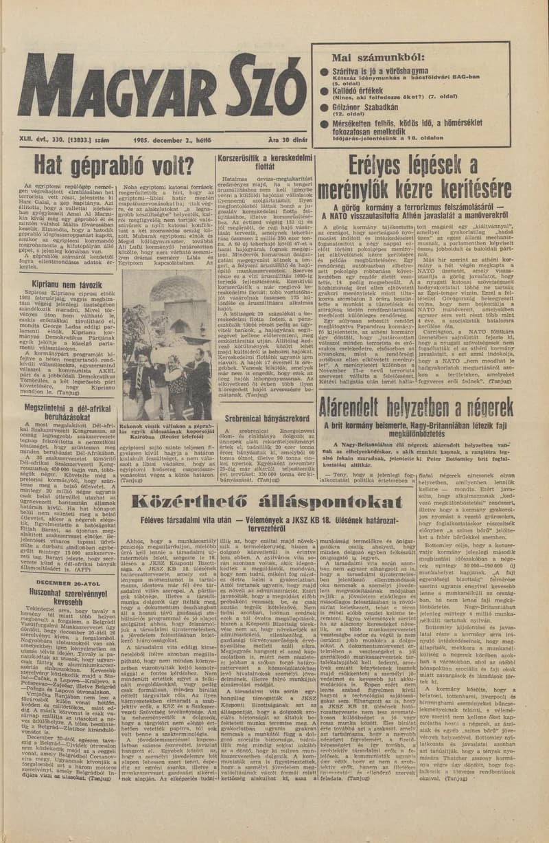 Magyar Szó, 42. évf. 1985. december 2. 330. sz. 1–20. oldal