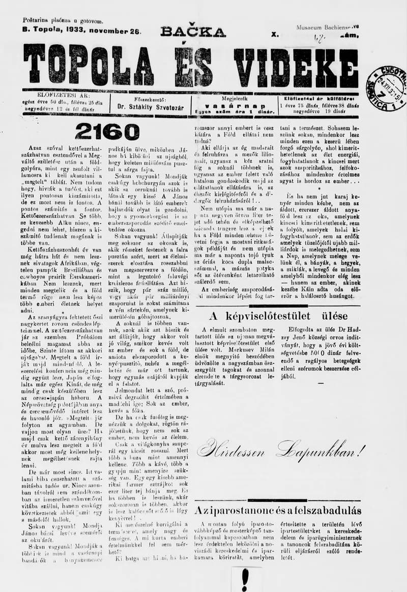 Bačka Topola és Vidéke, 10. évf. 1933. november 26. 48. sz.