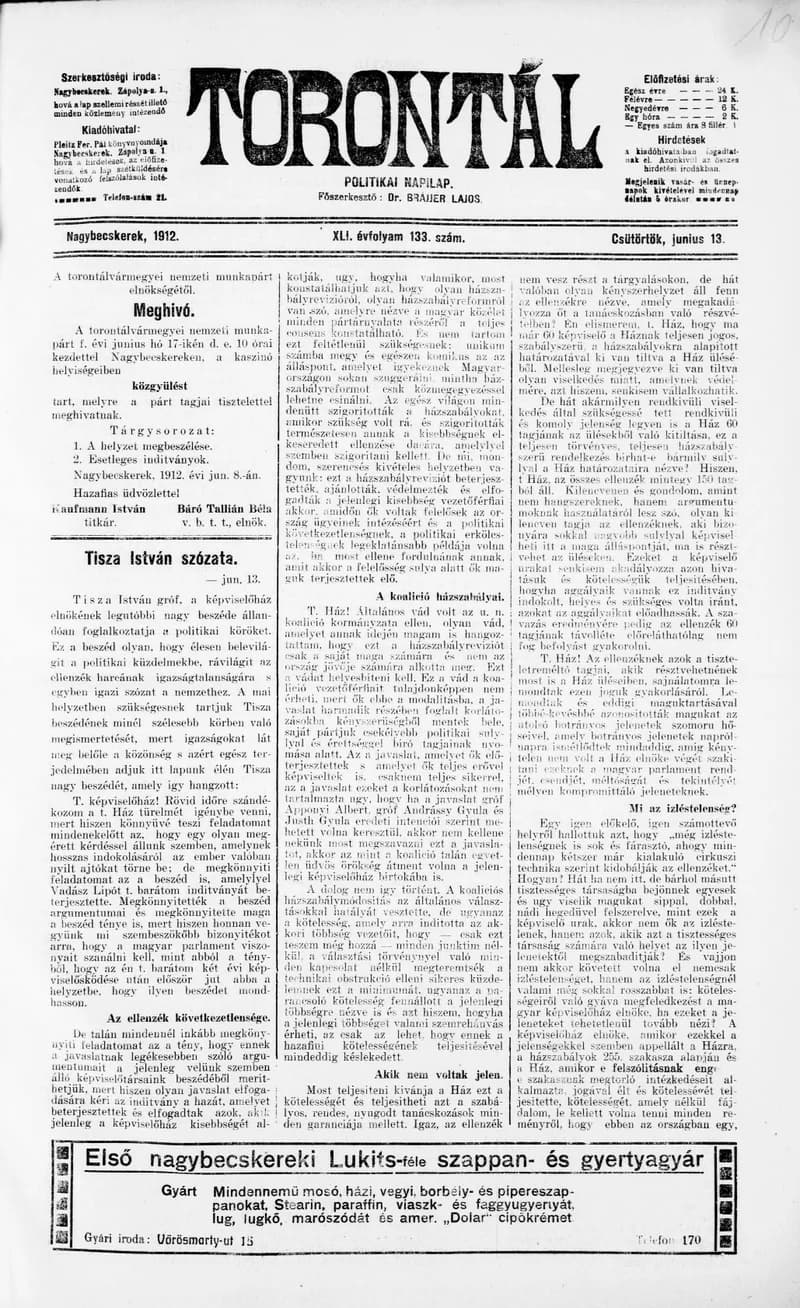 Torontál, 41. évf. 1912. június 13. 133. sz.